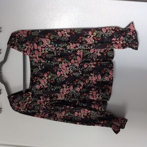 Skies Are Blue Black Blouse with Pink Floral Design